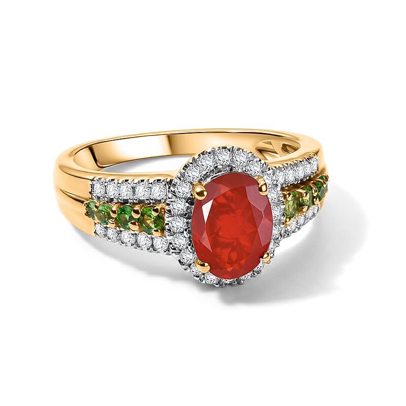 D'Joy Mexican Cherry Fire Opal and Multi Gemstone 1.50 ctw Golden Hour Bloom Ring in 18K Vermeil Yellow Gold Over Sterling Silver (Size 6.0)
