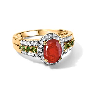 D'Joy Mexican Cherry Fire Opal and Multi Gemstone 1.50 ctw Ring in 18K Vermeil Yellow Gold Over Sterling Silver (Size 7.0)