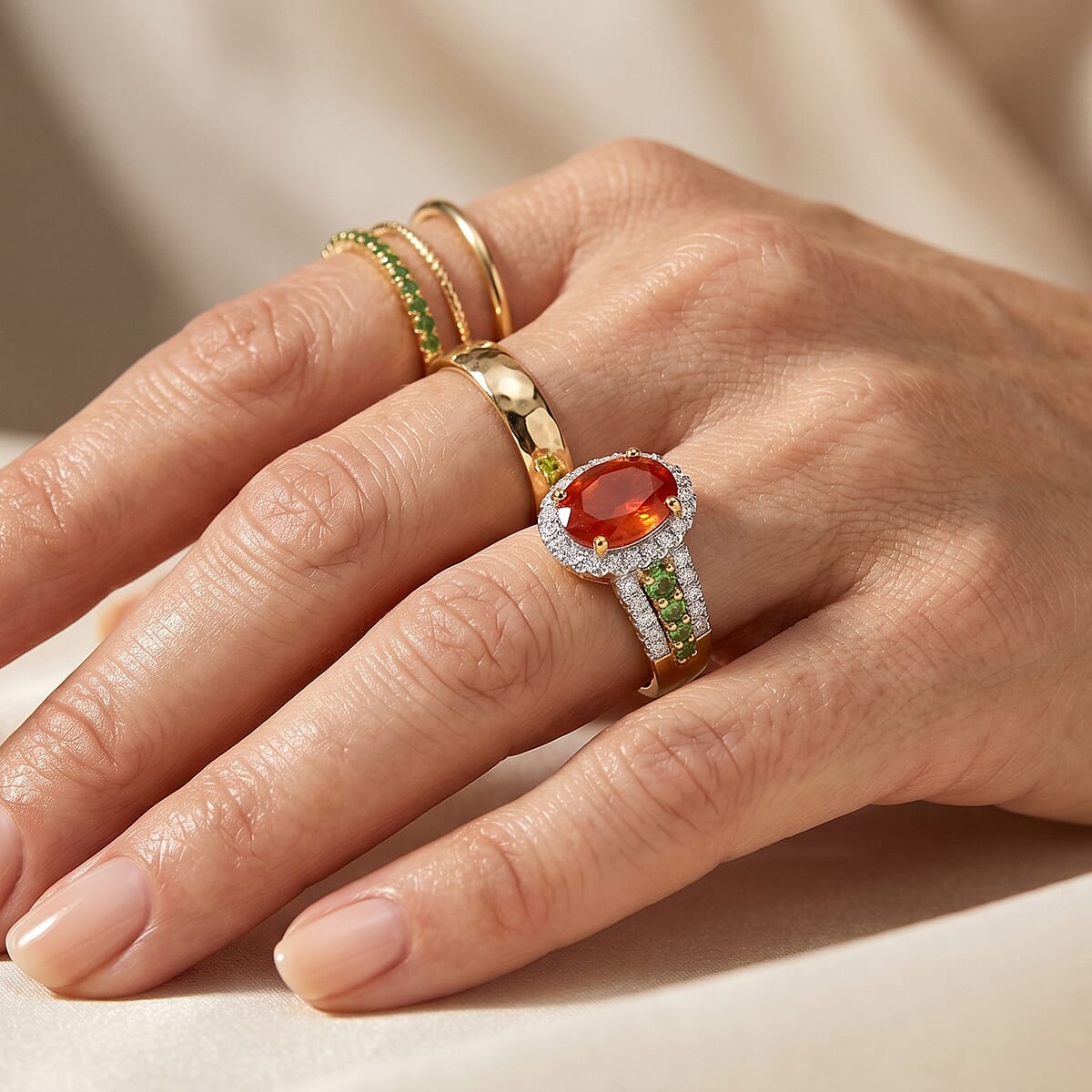 D'Joy Mexican Cherry Fire Opal, Multi Gemstone Golden Hour Bloom Ring in 18K Vermeil Yellow Gold Over Sterling Silver (Size 10.0) 1.50 ctw image number 2