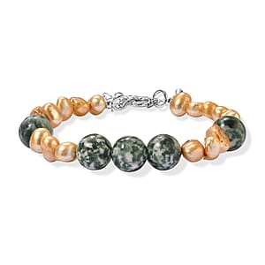 EverTrue Green Jasper and Yellow Pearl (D) 80.00 ctw Beaded Bracelet in Stainless Steel (7.25-9.0In)