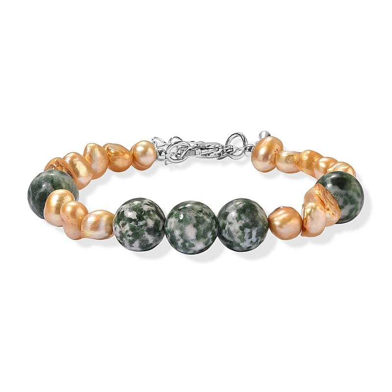 EverTrue Green Jasper and Yellow Pearl (D) 80.00 ctw Beaded Bracelet in Stainless Steel (7.25-9.0In)