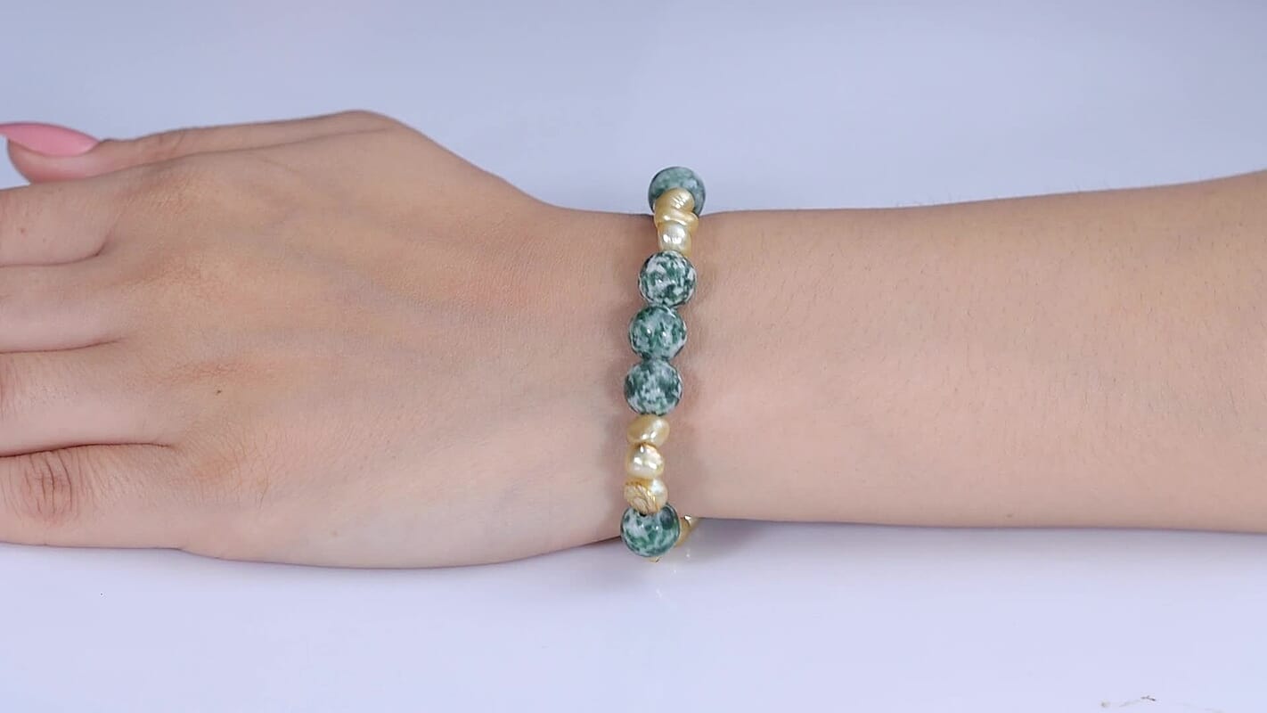 EverTrue Green Jasper and Yellow Pearl (D) 80.00 ctw Beaded Bracelet in Stainless Steel (7.25-9.0In)