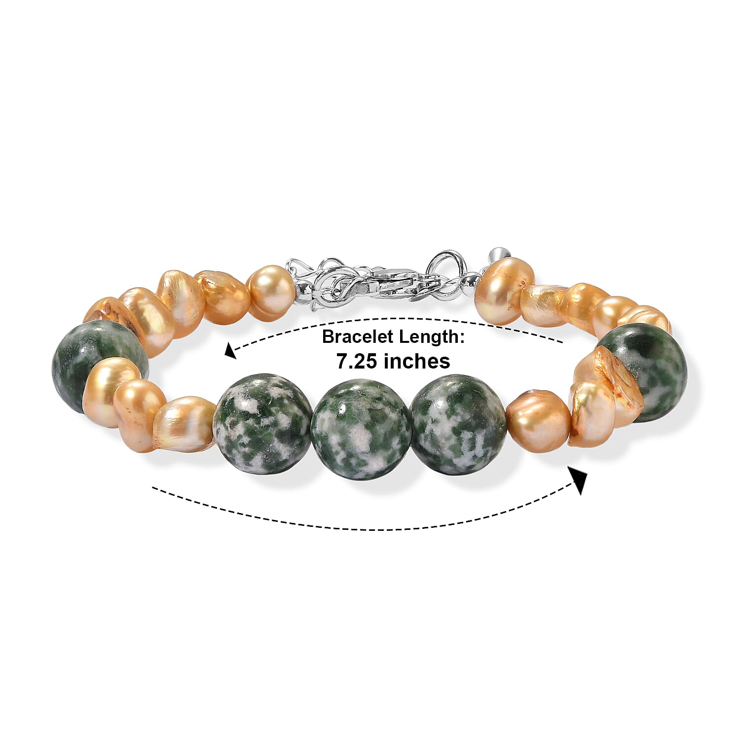 EverTrue Green Jasper and Yellow Pearl (D) 80.00 ctw Beaded Bracelet in Stainless Steel (7.25-9.0In)