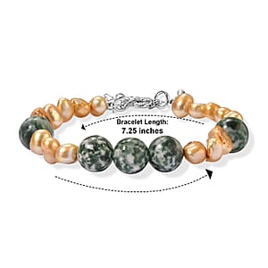 EverTrue Green Jasper and Yellow Pearl (D) 80.00 ctw Beaded Bracelet in Stainless Steel (7.25-9.0In)