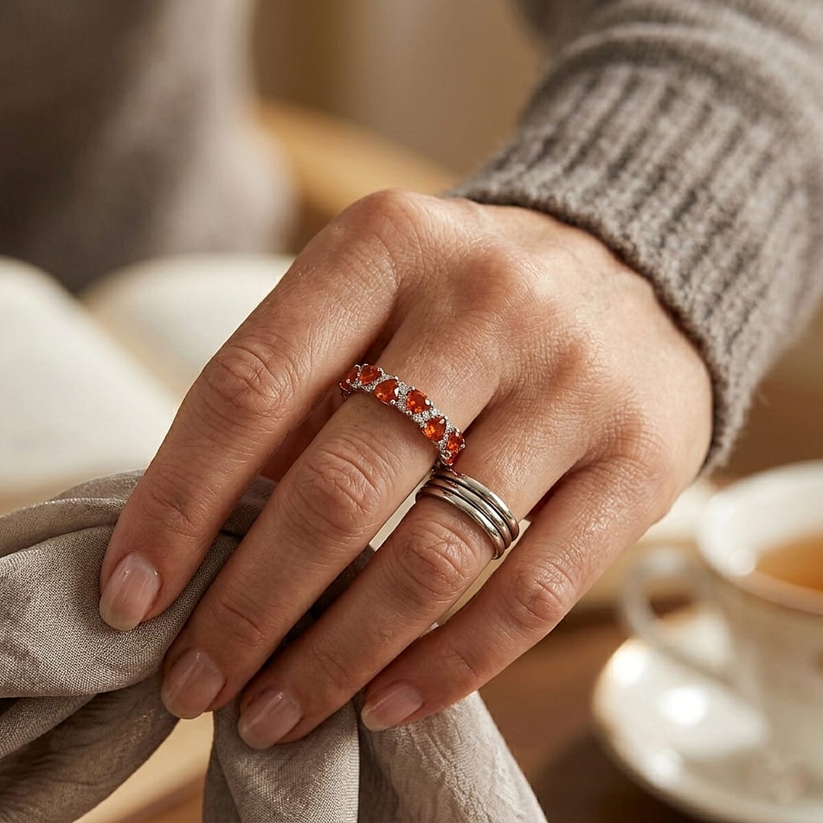D'Joy Mexican Cherry Fire Opal, Moissanite Sunset Spark Band Ring in Rhodium Over Sterling Silver (Size 10.0) 0.50 ctw image number 1