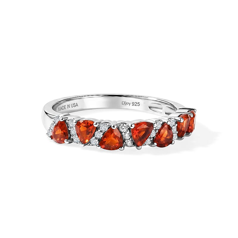 D'Joy Mexican Cherry Fire Opal and Moissanite 0.50 ctw Sunset Spark Band Ring in Rhodium Over Sterling Silver (Size 5.0)