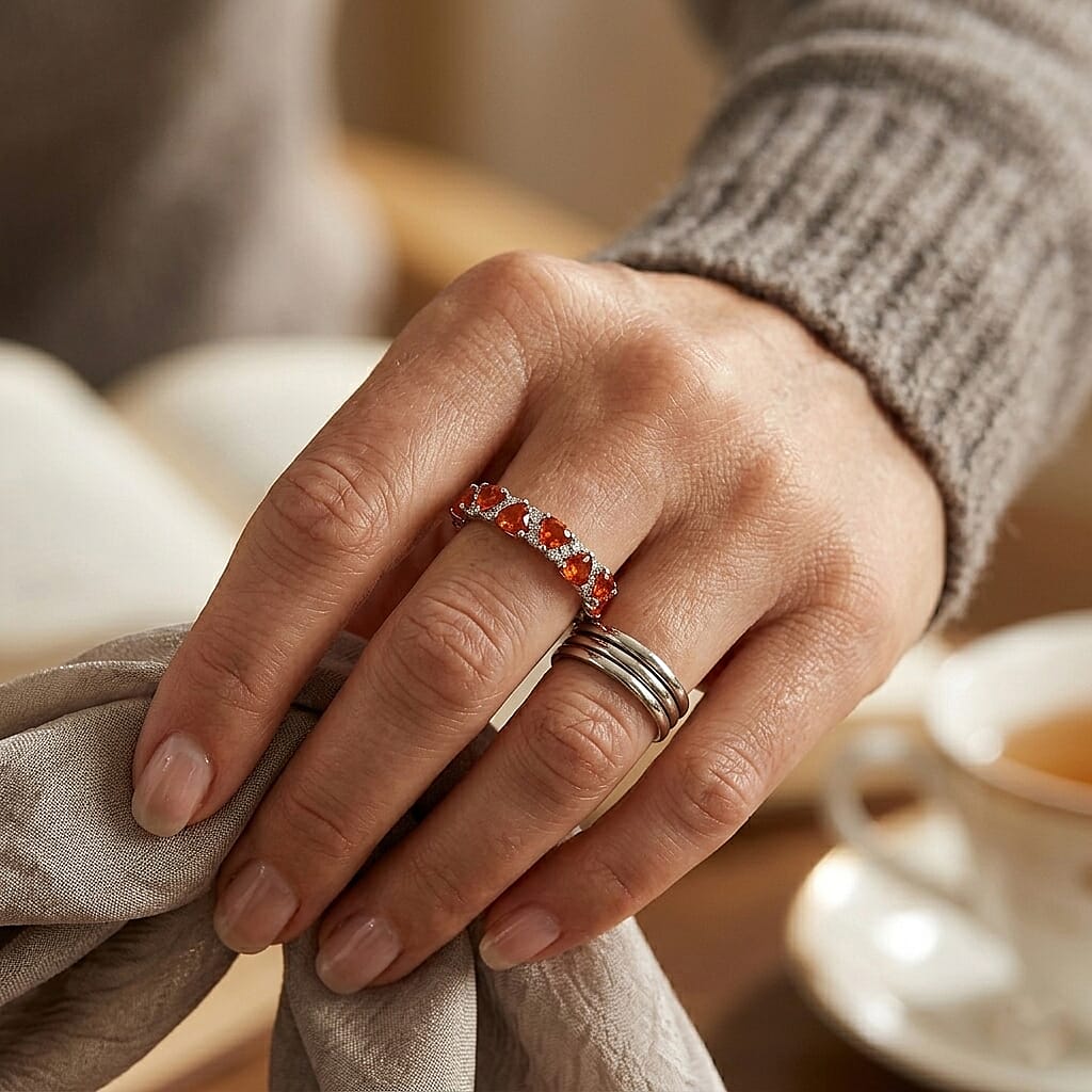 D'Joy Mexican Cherry Fire Opal and Moissanite 0.50 ctw Sunset Spark Band Ring in Rhodium Over Sterling Silver (Size 5.0)