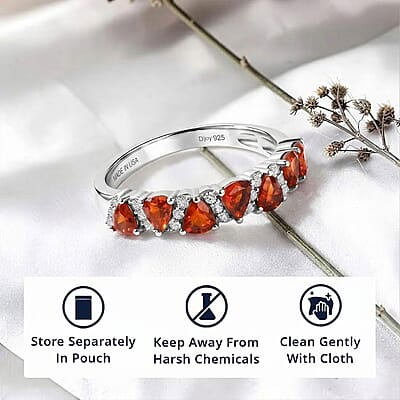 D'Joy Mexican Cherry Fire Opal and Moissanite 0.50 ctw Sunset Spark Band Ring in Rhodium Over Sterling Silver (Size 5.0)