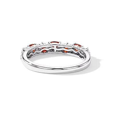 D'Joy Mexican Cherry Fire Opal and Moissanite 0.50 ctw Sunset Spark Band Ring in Rhodium Over Sterling Silver (Size 5.0)
