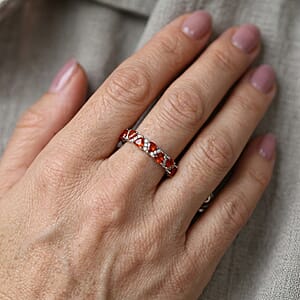 D'Joy Mexican Cherry Fire Opal, Moissanite Sunset Spark Band Ring in Rhodium Over Sterling Silver (Size 10.0) 0.50 ctw