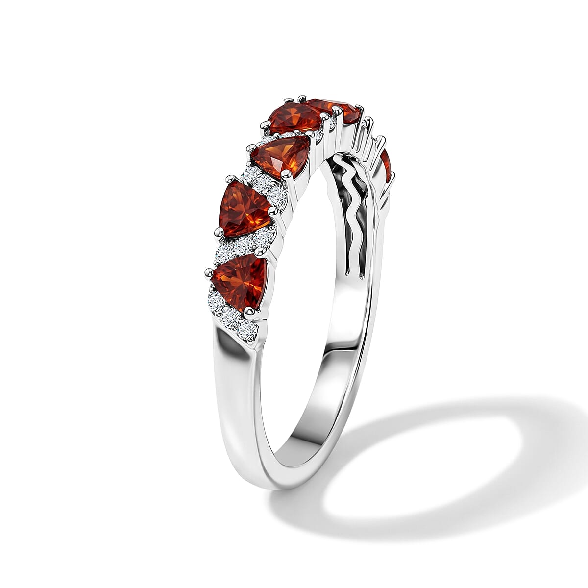 D'Joy Mexican Cherry Fire Opal, Moissanite Sunset Spark Band Ring in Rhodium Over Sterling Silver (Size 10.0) 0.50 ctw image number 3