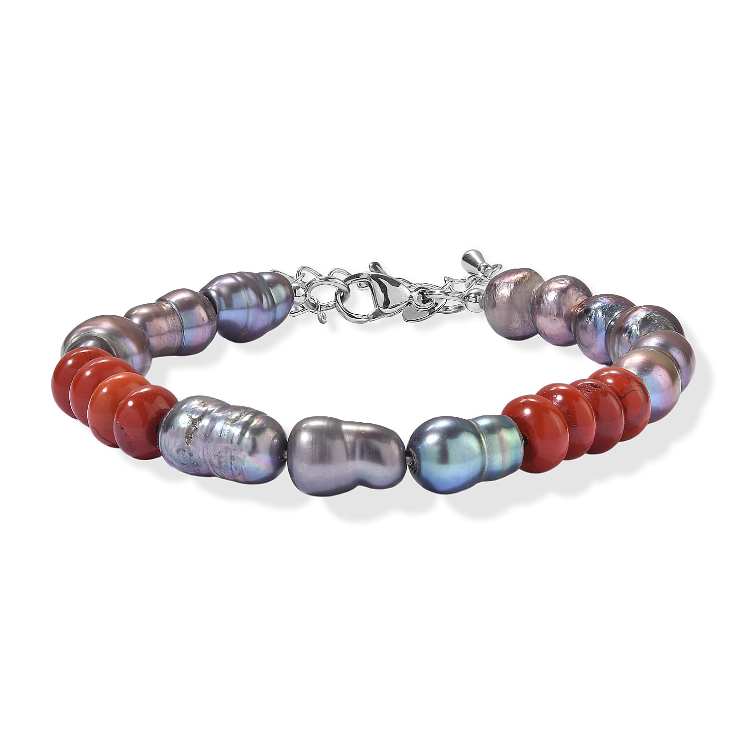 EverTrue Peacock Pearl (D) and Red Jasper 20.00 ctw Bracelet in Stainless Steel (7.25-9.0In)