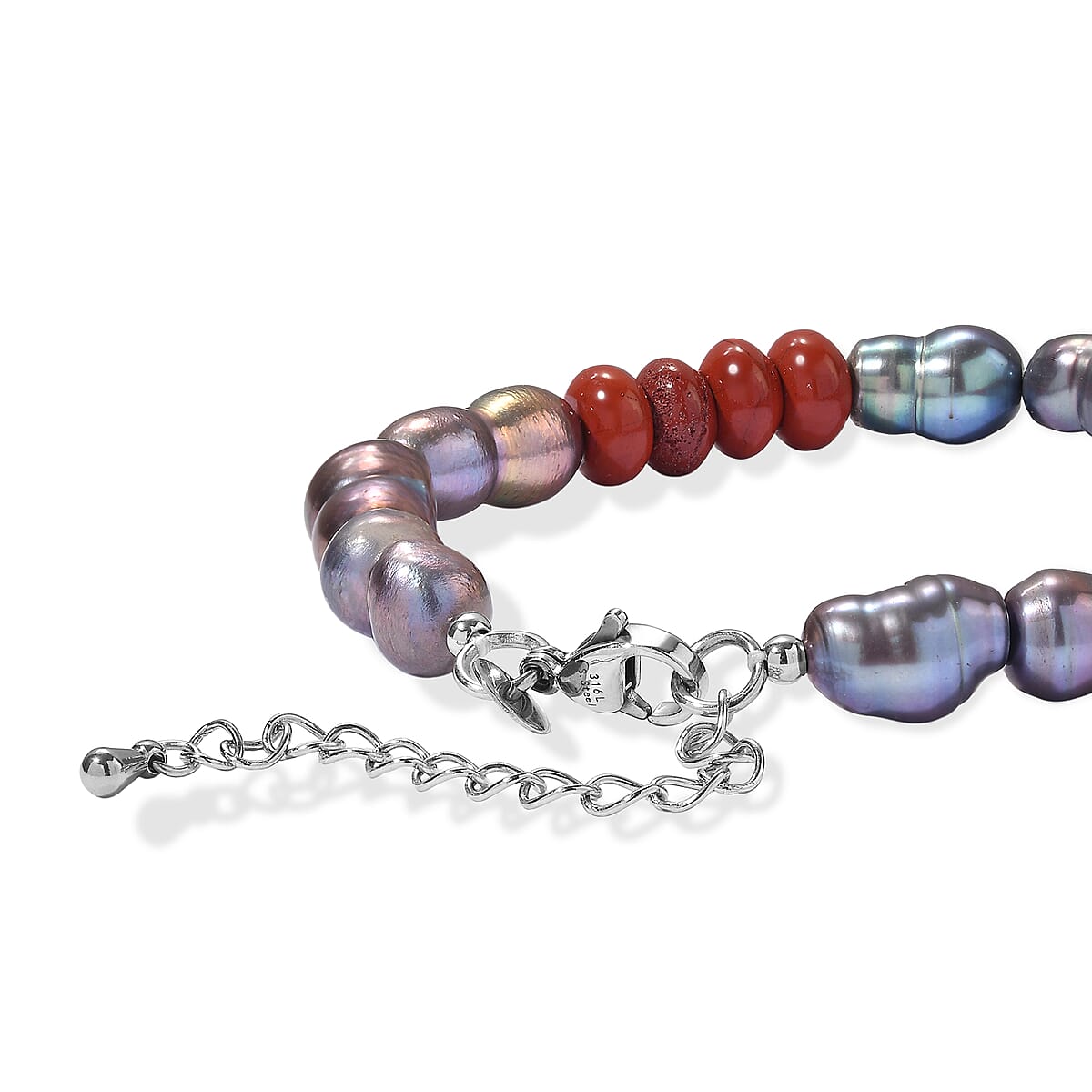 EverTrue Peacock Pearl (D) and Red Jasper 20.00 ctw Bracelet in Stainless Steel (7.25-9.0In) image number 1