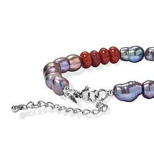 EverTrue Peacock Pearl (D) and Red Jasper 20.00 ctw Bracelet in Stainless Steel (7.25-9.0In)