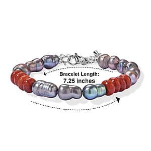EverTrue Peacock Pearl (D) and Red Jasper 20.00 ctw Bracelet in Stainless Steel (7.25-9.0In)