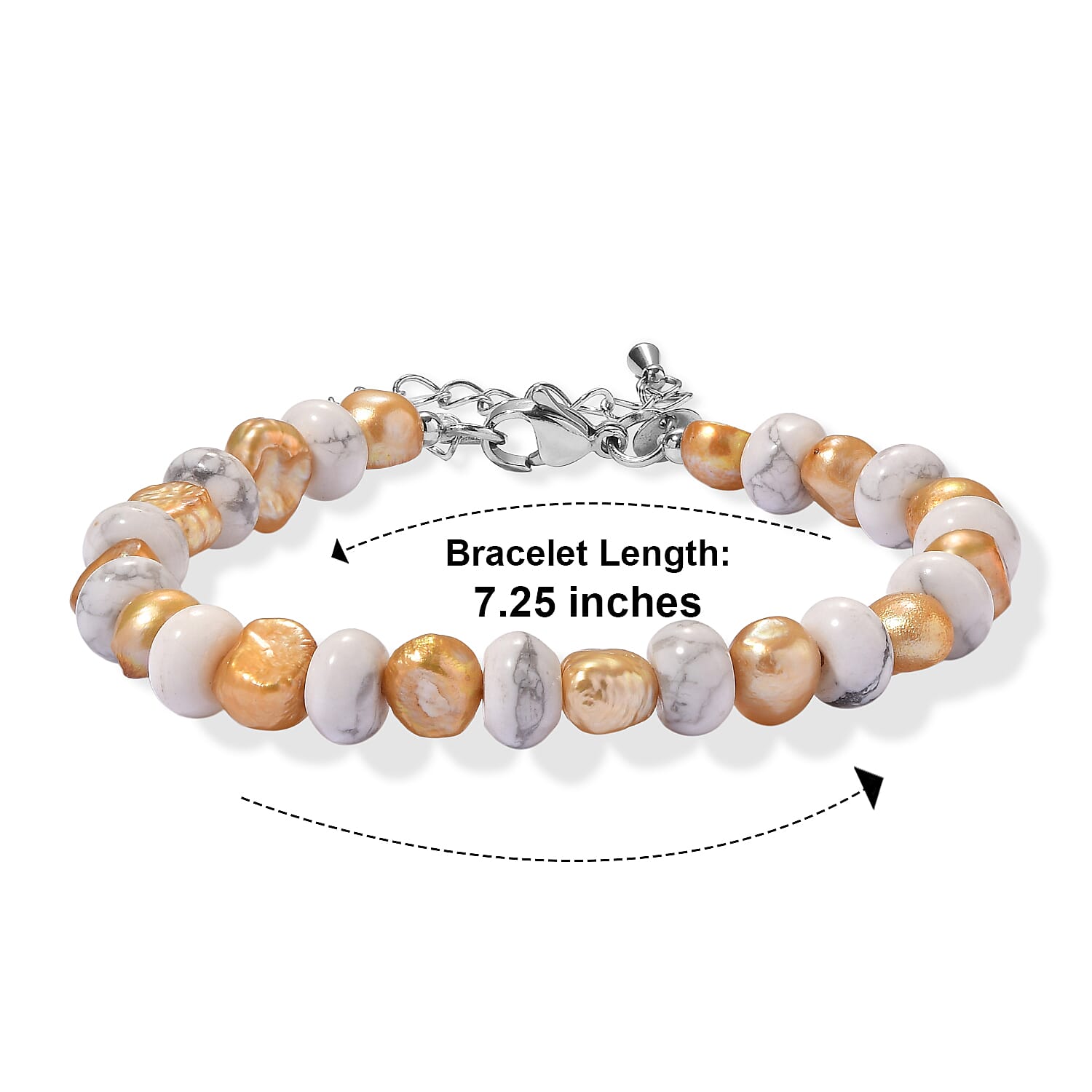 EverTrue Yellow Pearl (D) and White Howlite 45.00 ctw Bracelet in Stainless Steel (7.25-9.0In)