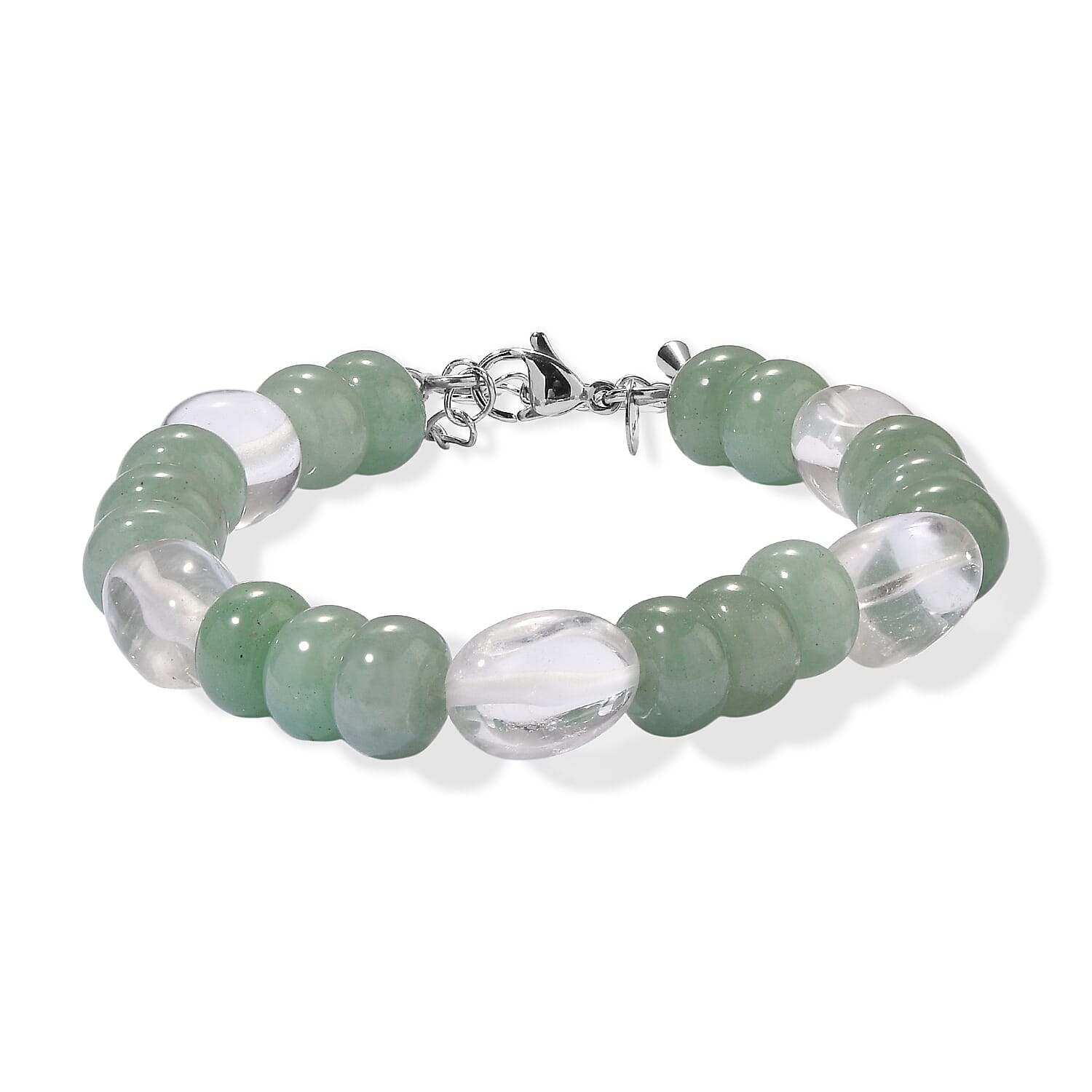 EverTrue Green Aventurine and Austrian Crystal 70.00 ctw Beaded Bracelet in Stainless Steel (7.25-9.25In)