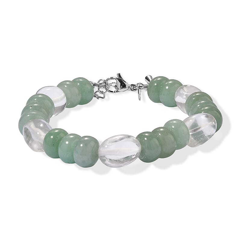 EverTrue Green Aventurine and Austrian Crystal 70.00 ctw Beaded Bracelet in Stainless Steel (7.25-9.25In)