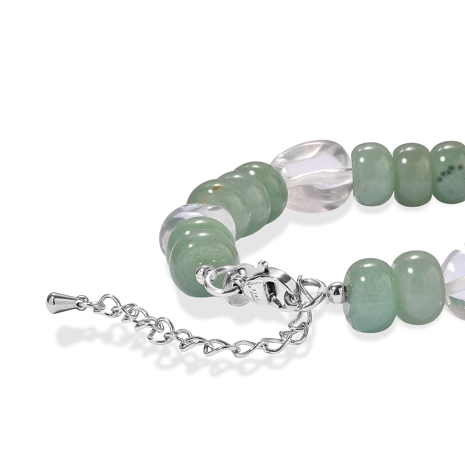 EverTrue Green Aventurine and Austrian Crystal 70.00 ctw Beaded Bracelet in Stainless Steel (7.25-9.25In)