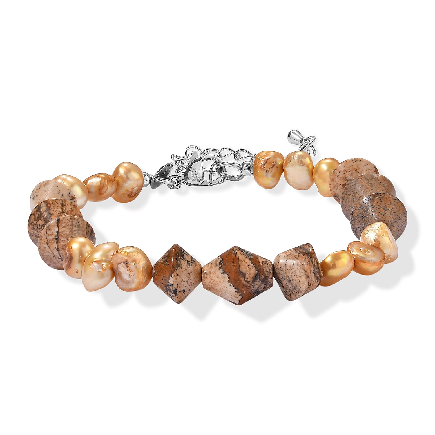 EverTrue Yellow Pearl (D) and Picture Jasper 40.00 ctw Beaded Bracelet in Stainless Steel (7.25-9.0In)