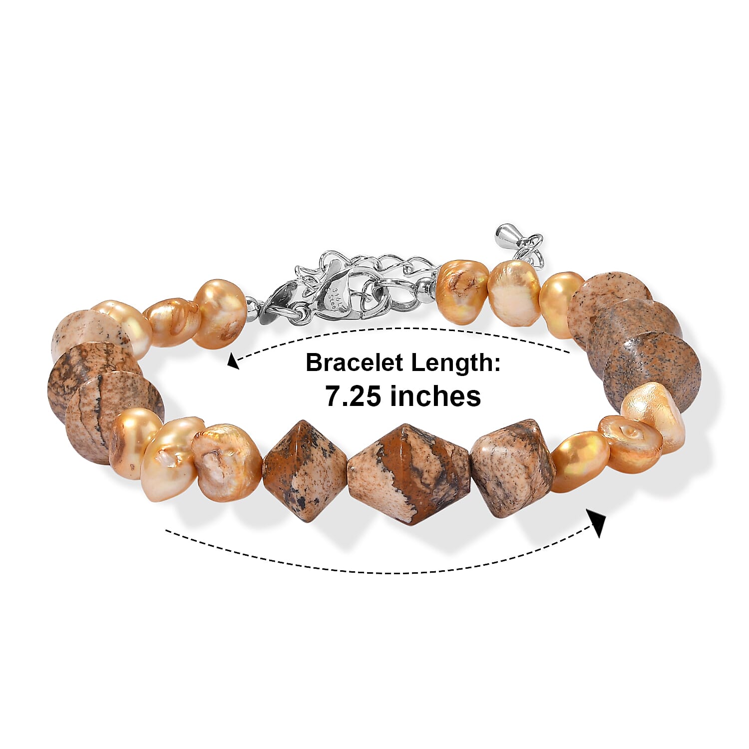 EverTrue Yellow Pearl (D) and Picture Jasper 40.00 ctw Beaded Bracelet in Stainless Steel (7.25-9.0In)