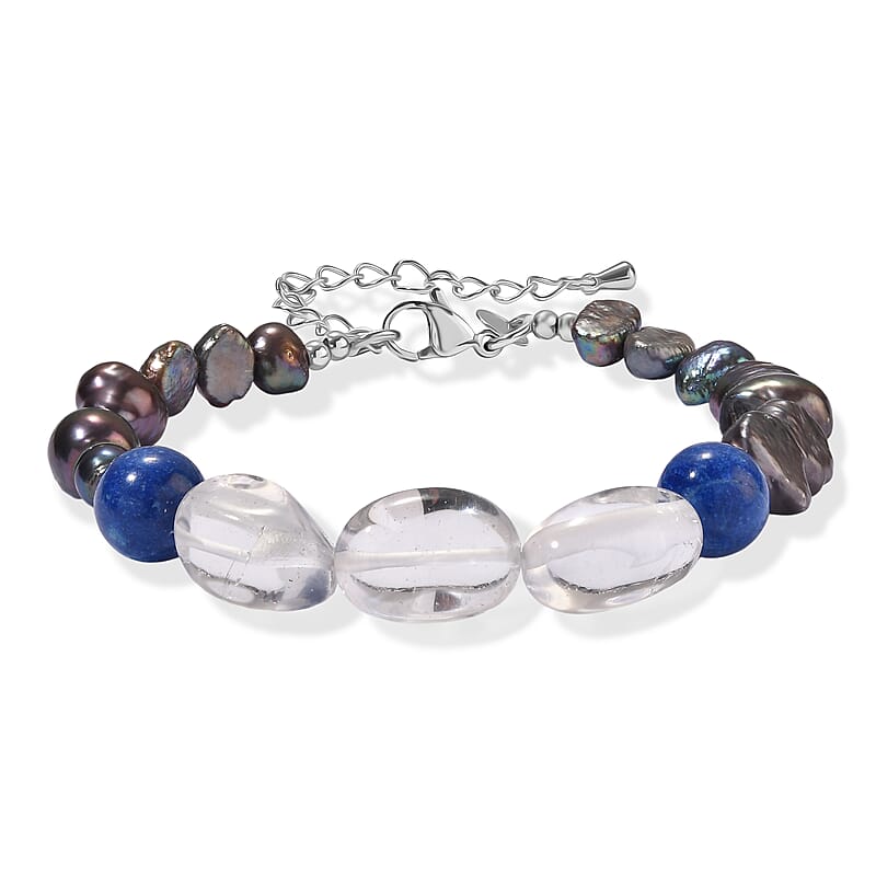 EverTrue Peacock Pearl (D), Sodalite and Clear Quartz 50.00 ctw Bracelet in Stainless Steel (7.25-9.25In)