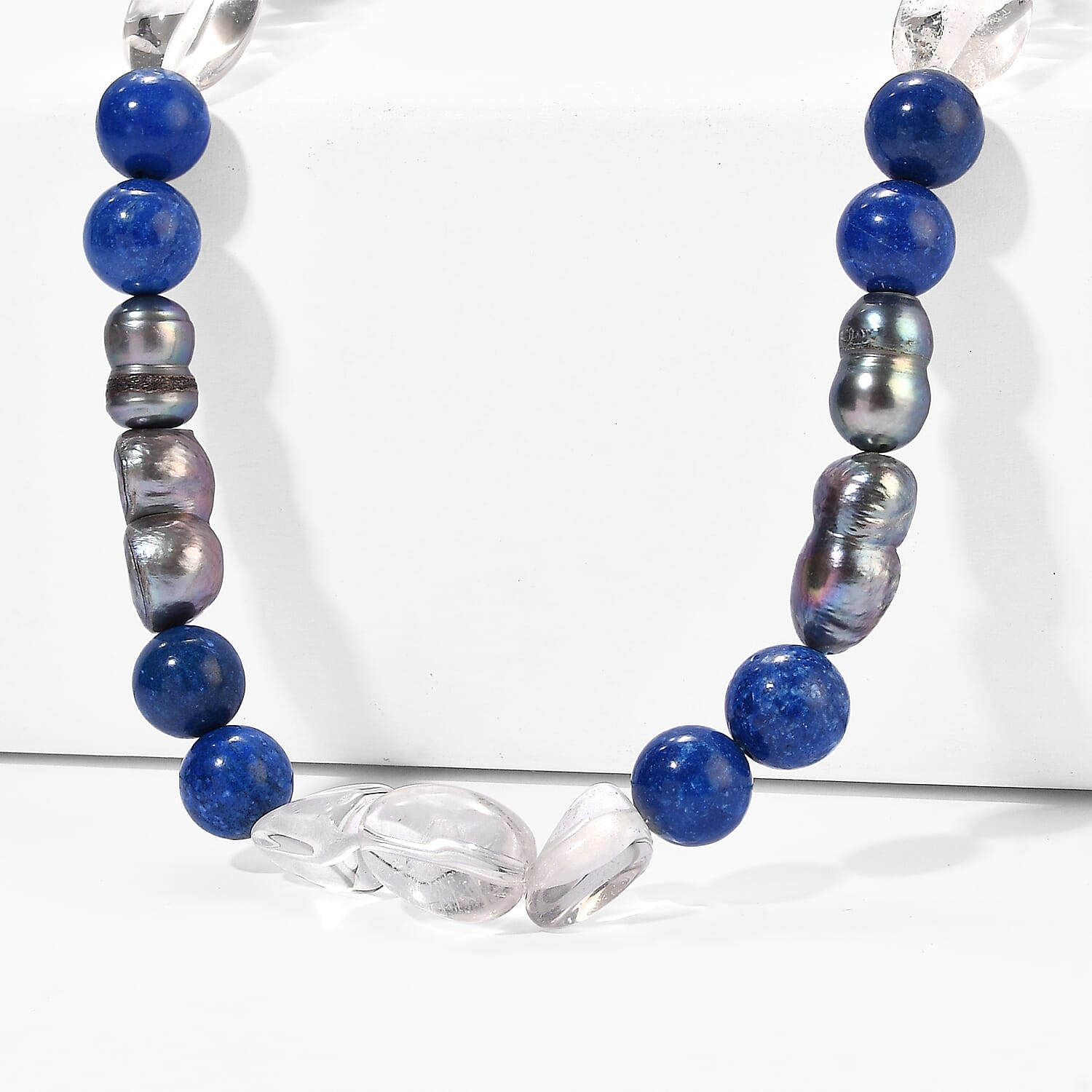EverTrue Peacock Pearl (D), Sodalite and Clear Quartz 50.00 ctw Necklace in Stainless Steel 18-20 Inches