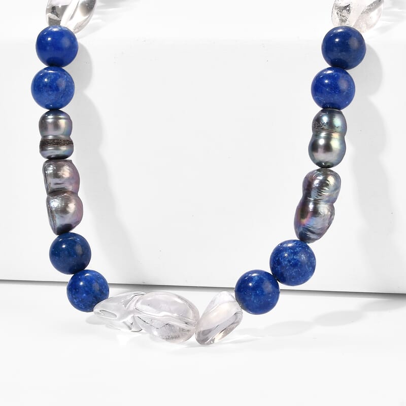 EverTrue Peacock Pearl (D), Sodalite and Clear Quartz 50.00 ctw Necklace in Stainless Steel 18-20 Inches