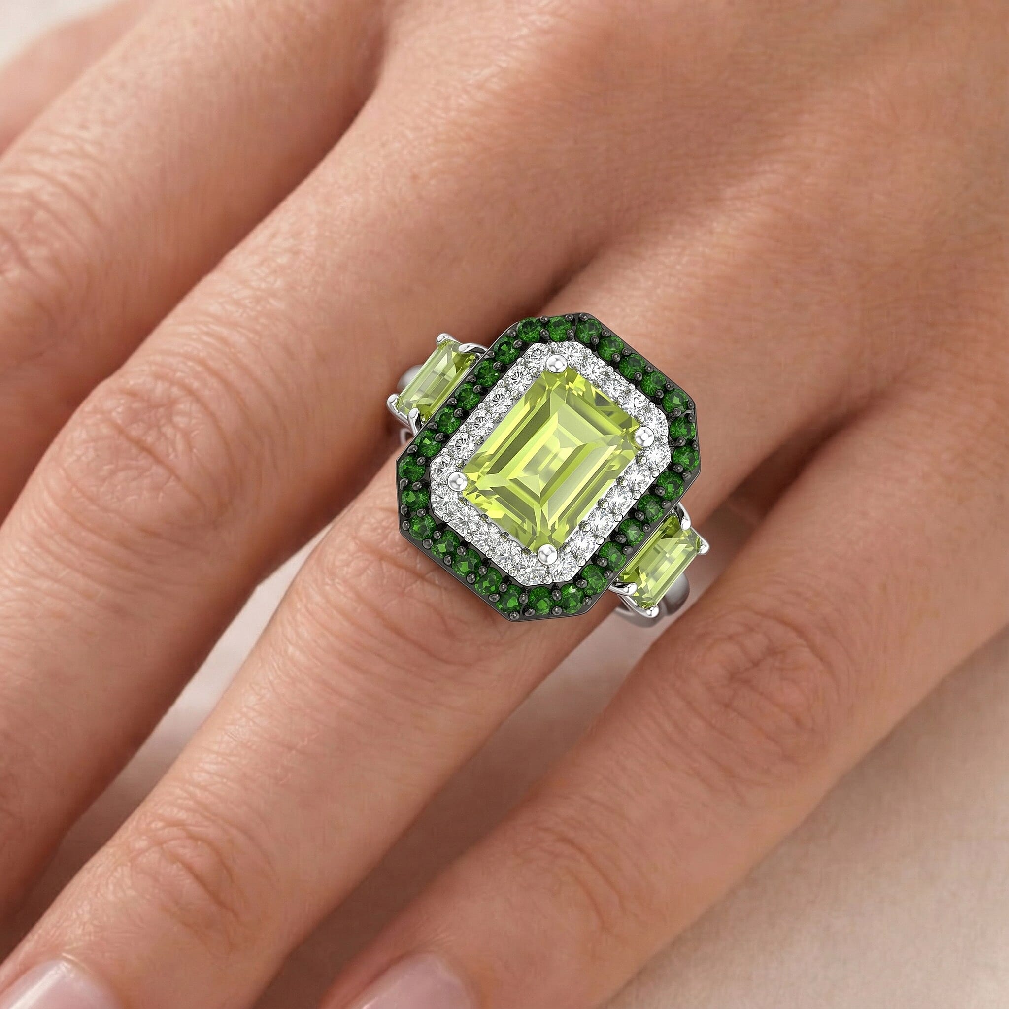 D'Joy Premium Hebei Peridot and Multi Gemstone 4.00 ctw Ring in Rhodium Over Sterling Silver (Size 5.0)