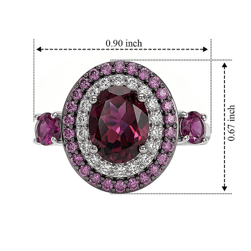 D'Joy Premium Orissa Rhodolite Garnet, White Zircon Ring in Rhodium Over Sterling Silver (Size 5.0) 4.00 ctw