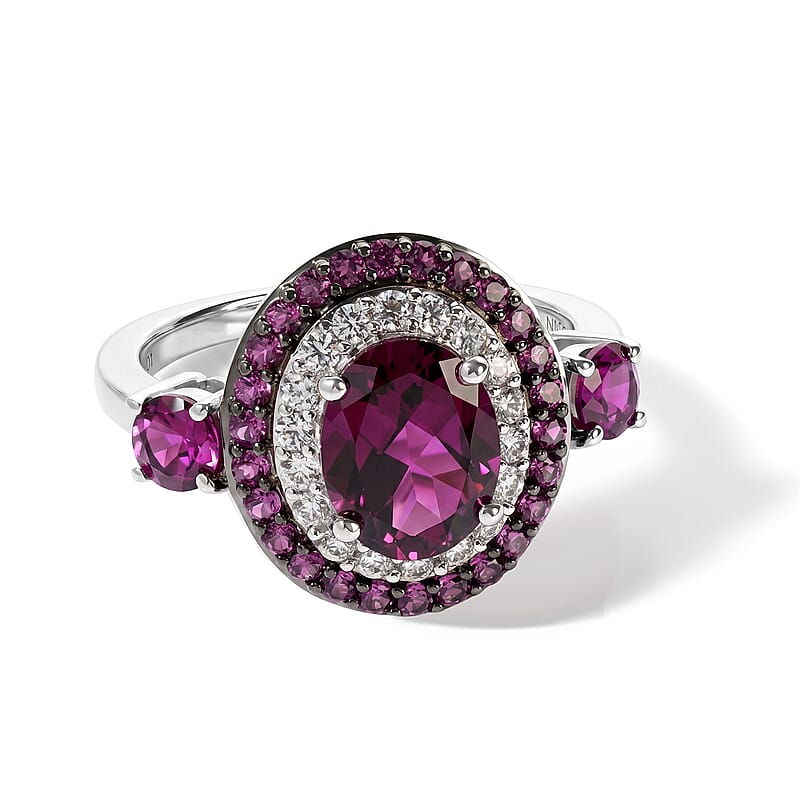 D'Joy Premium Orissa Rhodolite Garnet and White Zircon 3.50 ctw Ring in Rhodium Over Sterling Silver (Size 7.0)