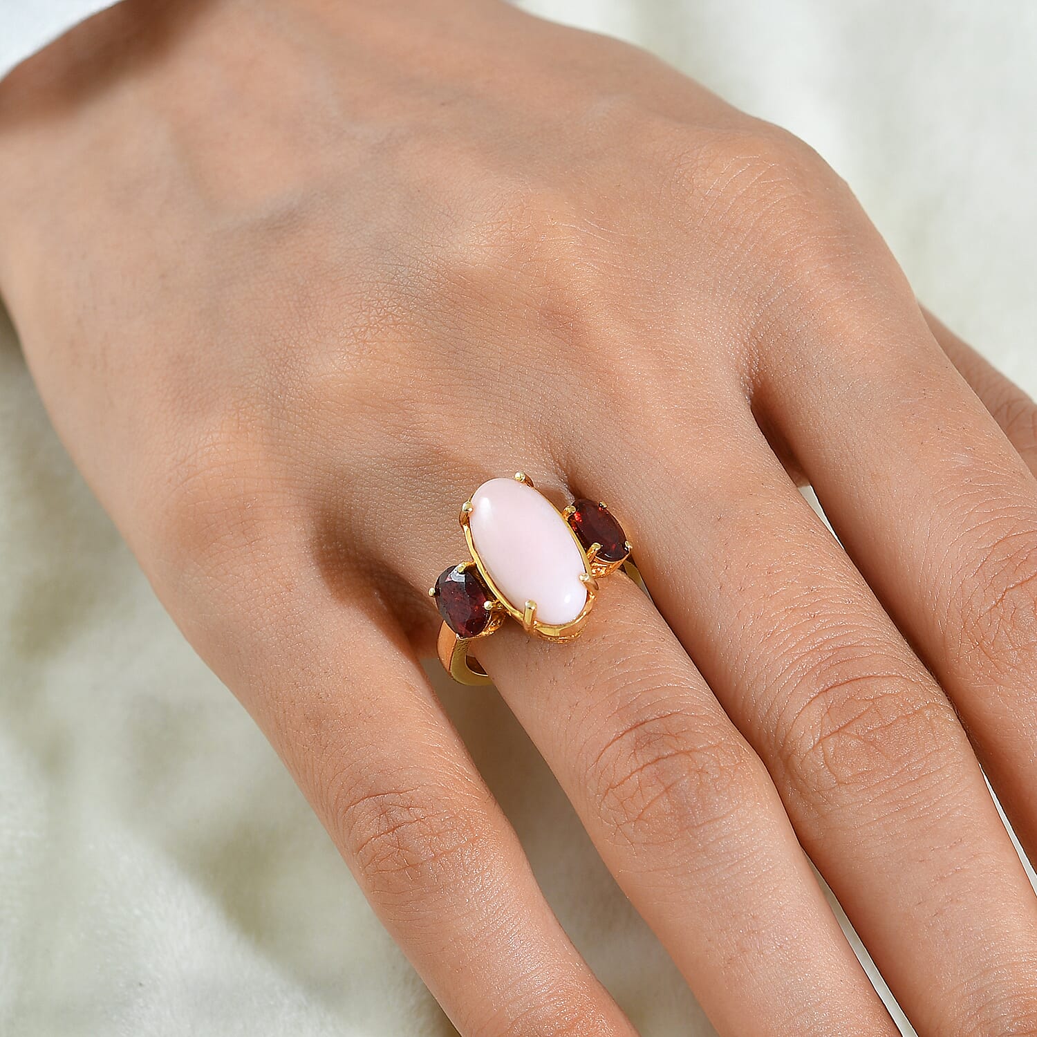 EverTrue Pink Opal and Mozambique Garnet 6.60 ctw Solitaire Ring in 18K YG Plated (Size 7.0)