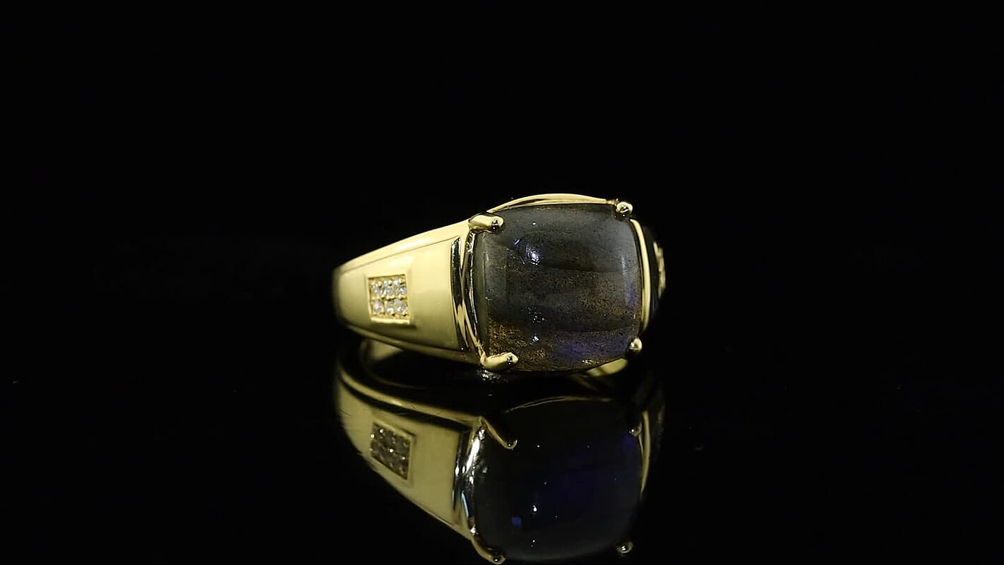 EverTrue AAA Malagasy Labradorite, White Zircon Men''s Ring in 18K YG Plated (Size 10.0) 8.85 ctw