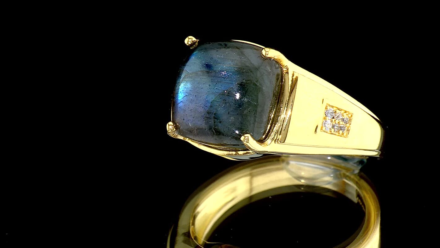 EverTrue AAA Malagasy Labradorite, White Zircon Men''s Ring in 18K YG Plated (Size 10.0) 8.85 ctw