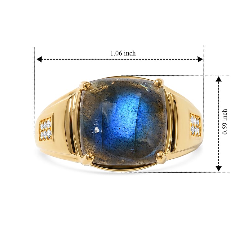 EverTrue AAA Malagasy Labradorite and White Zircon 8.50 ctw Men's Ring in 18K YG Plated (Size 10.0)