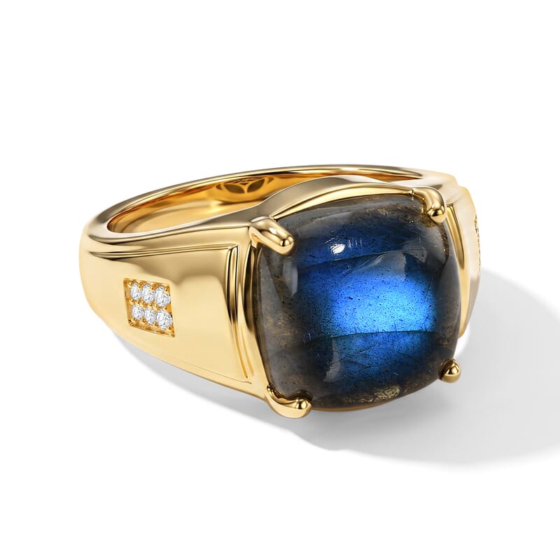 EverTrue AAA Malagasy Labradorite and White Zircon 8.85 ctw Men's Ring in 18K Yellow Gold Plated (Size 9.0)