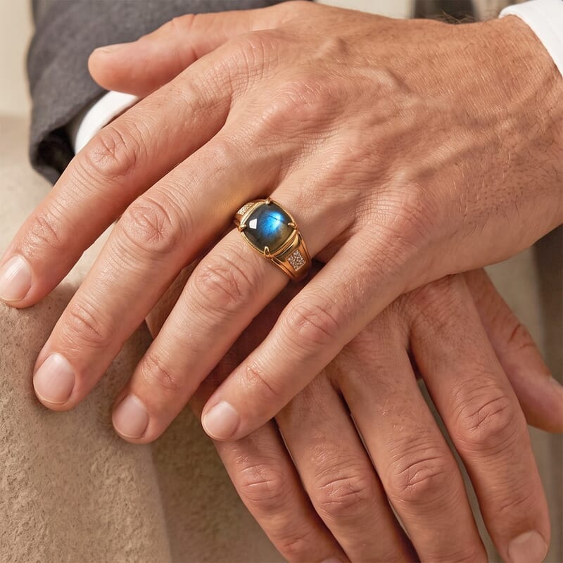 EverTrue AAA Malagasy Labradorite and White Zircon 8.85 ctw Men's Ring in 18K Yellow Gold Plated (Size 9.0)