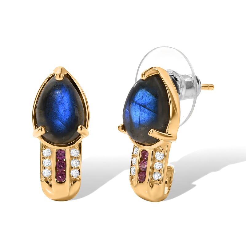 EverTrue AAA Malagasy Labradorite and Multi Gemstone 4.90 ctw Lunar Flame Hoop Earrings in 18K Yellow Gold Plated