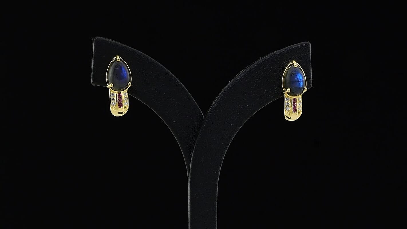 Blue Flash Labradorite Hoop Earrings, AAA Grade with Multi-Gemstone Accents, 18K Yellow Gold Plated – 4.90 ctw