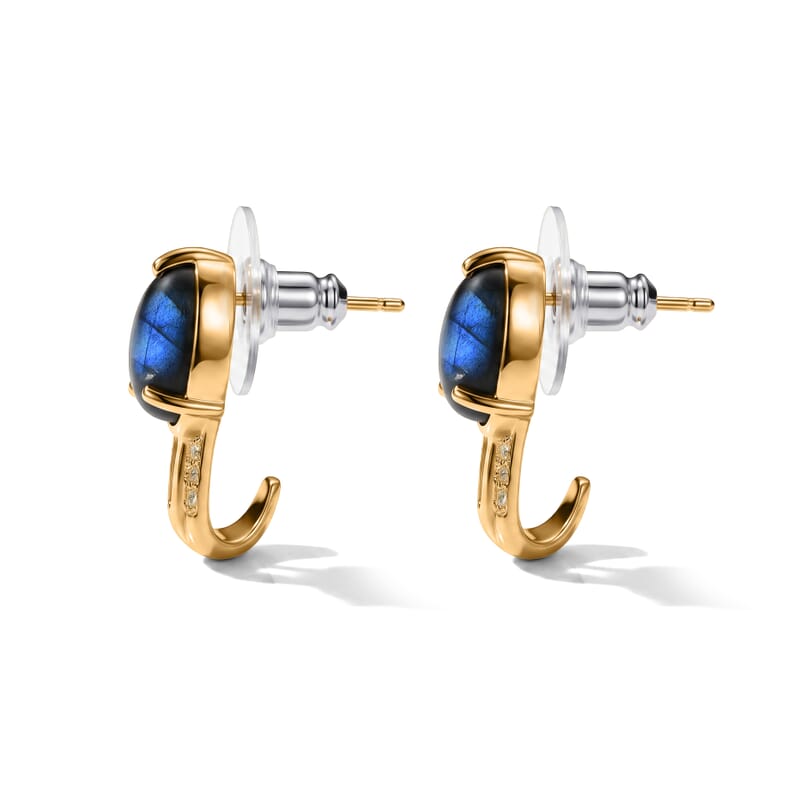 EverTrue AAA Malagasy Labradorite and Multi Gemstone 4.90 ctw Lunar Flame Hoop Earrings in 18K Yellow Gold Plated