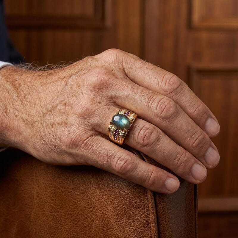 EverTrue AAA Malagasy Labradorite and Multi Gemstone 4.00 ctw Men's Ring in 18K YG Plated (Size 10.0)