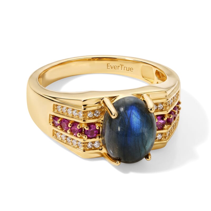 EverTrue AAA Malagasy Labradorite and Multi Gemstone 4.00 ctw Men's Ring in 18K Yellow Gold Plated (Size 9.0)