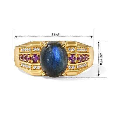 EverTrue AAA Malagasy Labradorite and Multi Gemstone 4.00 ctw Men's Ring in 18K Yellow Gold Plated (Size 9.0)
