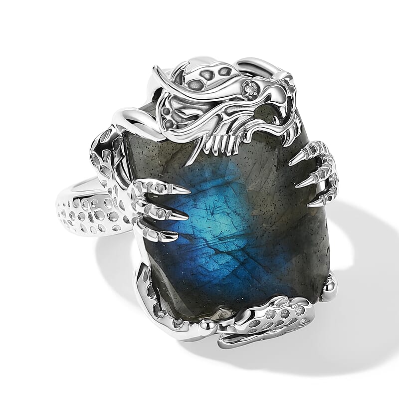 EverTrue AAA Malagasy Labradorite and White Zircon 20.00 ctw Dragon's Treasure Ring in Platinum Bond (Size 6.0)