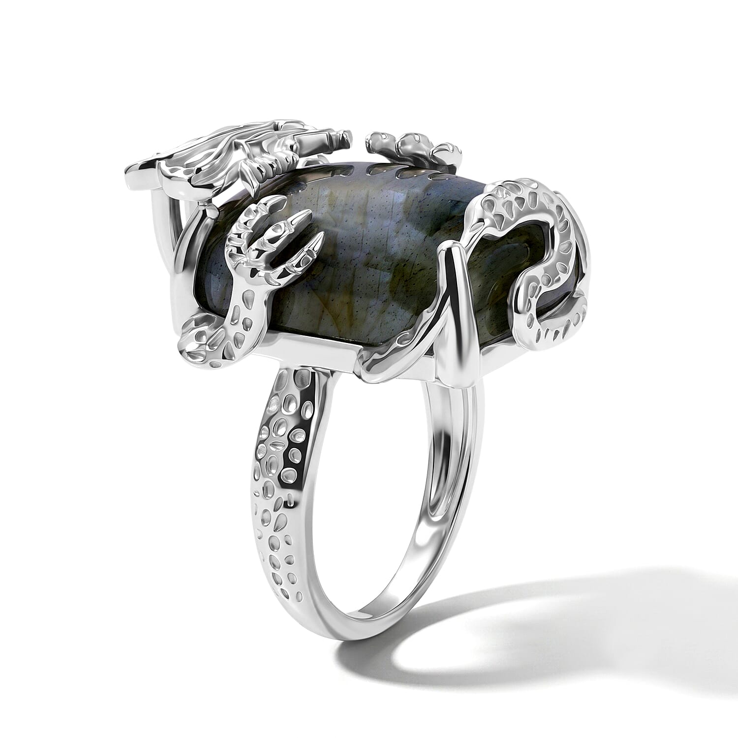 EverTrue AAA Malagasy Labradorite and White Zircon 20.00 ctw Dragon's Treasure Ring in Platinum Bond (Size 6.0)
