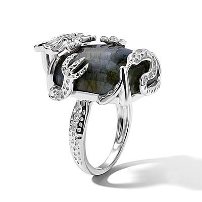 EverTrue AAA Malagasy Labradorite and White Zircon 20.00 ctw Dragon's Treasure Ring in Platinum Bond (Size 6.0)