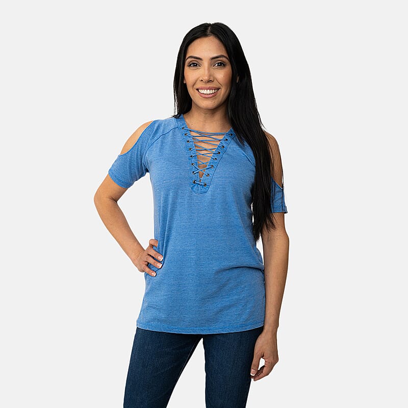Exist Blue Lace Front Cold Shoulder Top-L