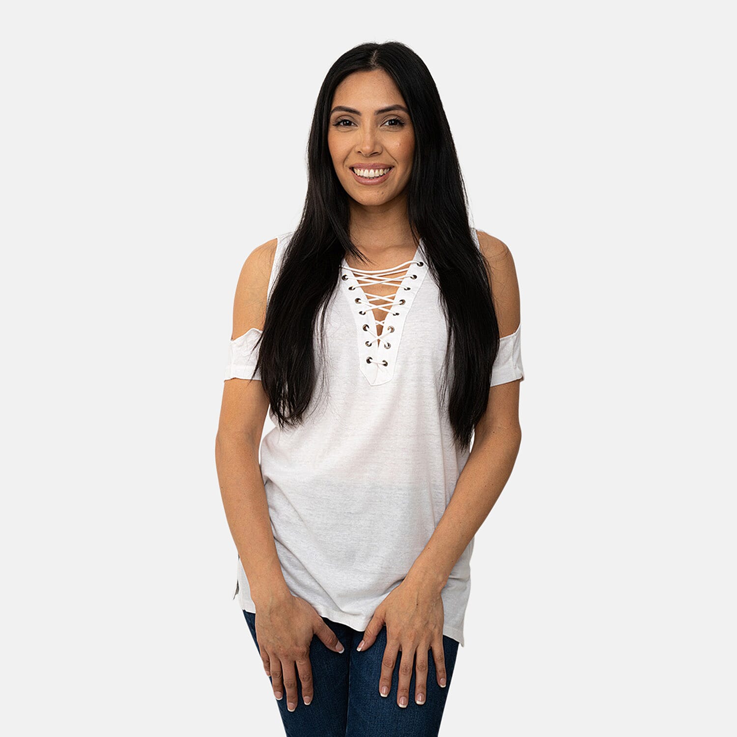 Exist White Lace Front Cold Shoulder Top-M
