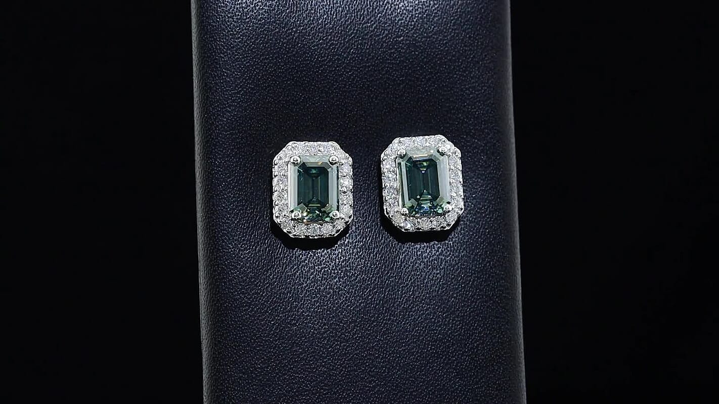 D'Joy Green Moissanite , Moissanite Main Stone With Surrounding Stone Earring in Rhodium OverSterling Silver 3.55 ctw