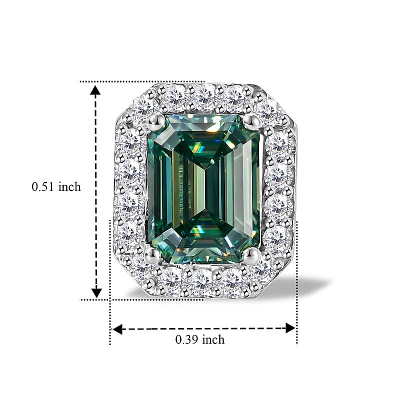 D'Joy Green Moissanite ,  Moissanite  Main Stone With Surrounding Stone Earring in Rhodium OverSterling Silver 3.55 ctw